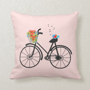 Vintage Bicycle and Singing Bird Throw Pillow