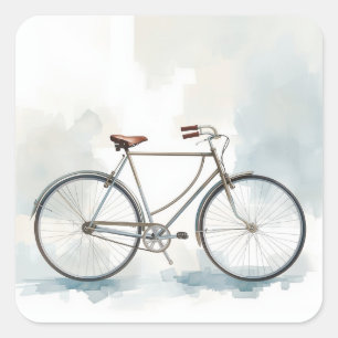 Vintage Bicycle Art in White & Blue Square Sticker