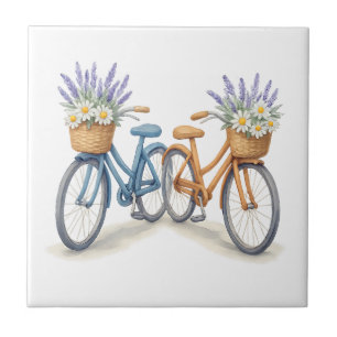 Vintage Bicycle Bikes with Lavender Daisy Baskets Tile