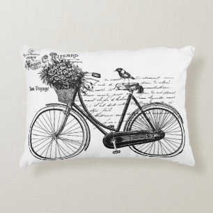 Vintage Bicycle, Bird, Flowers, Paris Decorative Pillow