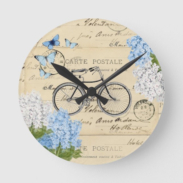 Vintage Bicycle Blue Hydrangeas Paris Wall Clock (Front)