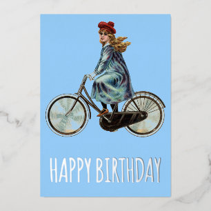 Vintage Bicycle girl -  Birthday Foil Holiday Card