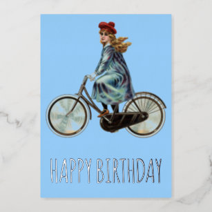 Vintage Bicycle girl -  Birthday Foil Holiday Card