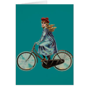 Vintage Bicycle girl in  solid teal