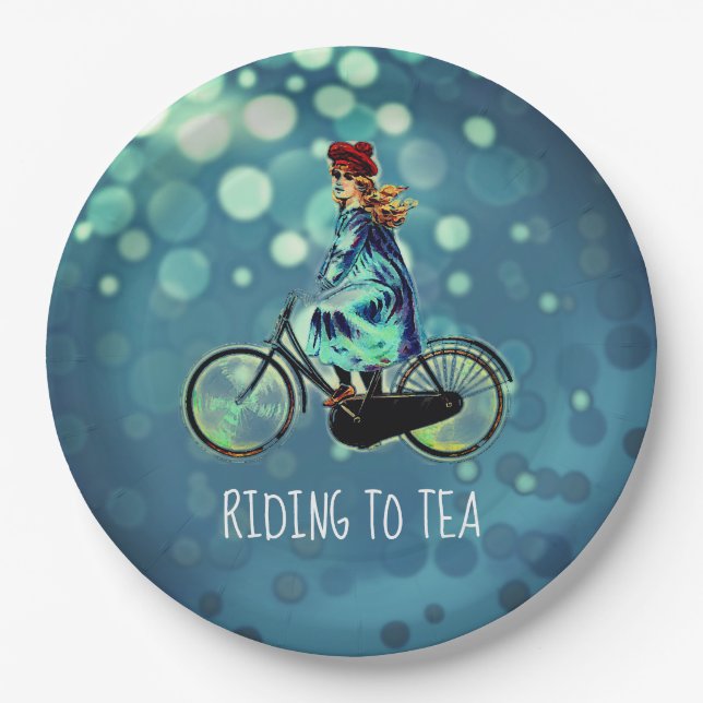 Vintage Bicycle girl - Riding  to Tea  Paper Plate (Front)