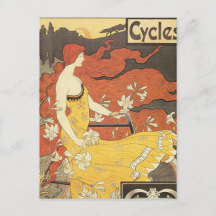 Vintage Bicycle Girl Yellow Dress Postcard