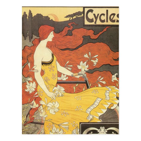 Vintage Bicycle Girl Yellow Dress Postcard