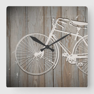 Vintage Bicycle on Rustic Wooden Board Wall Art Square Wall Clock