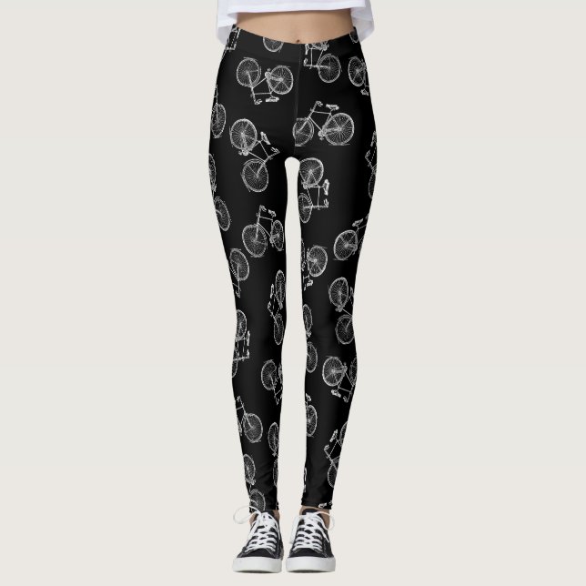 Vintage Bicycle Print Pattern Classic Bikes Black Leggings (Front)