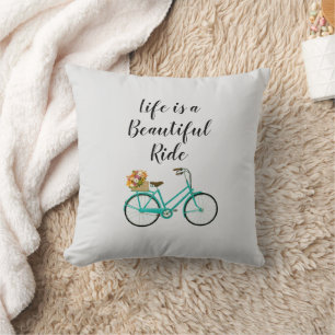 Vintage Bicycle Quote Beautiful Ride Illustration Throw Pillow