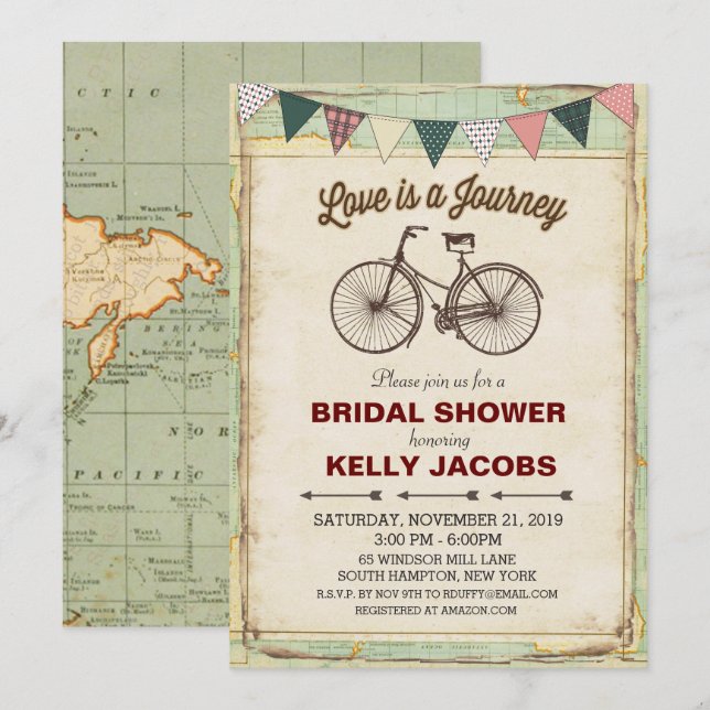 Vintage Bicycle Travel Bridal Shower Invitation (Front/Back)