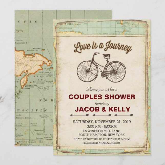 Vintage Bicycle Travel Couples Shower Invitation (Front/Back)