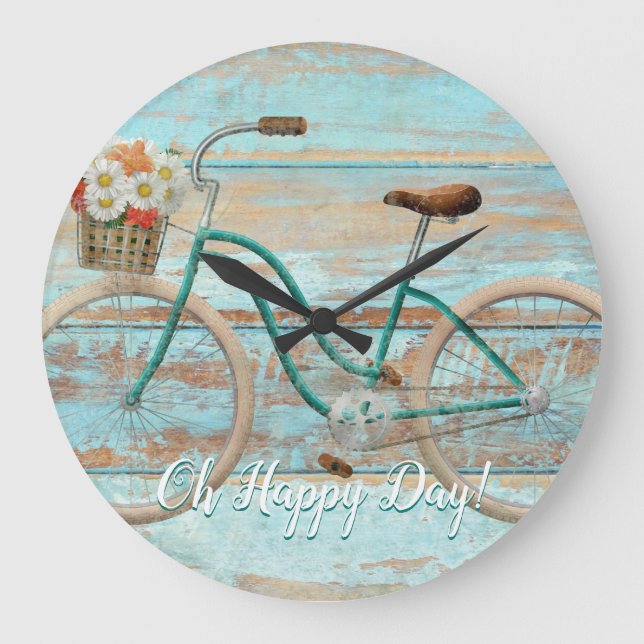 Vintage Bicycle Wall Clock Aqua Oh Happy Day (Front)