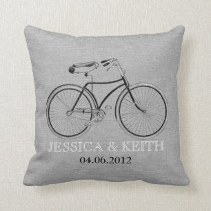 Vintage bicycle wedding names monogram faux burlap throw pillow