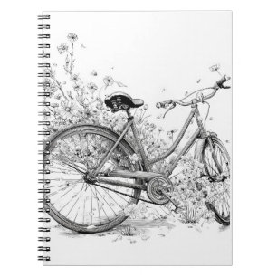 Vintage Bicycle Wildflower Ink Drawing Notebook