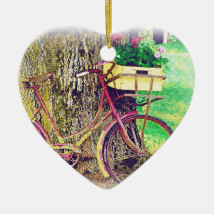 Vintage Bicycle with Flower Basket Ceramic Ornament