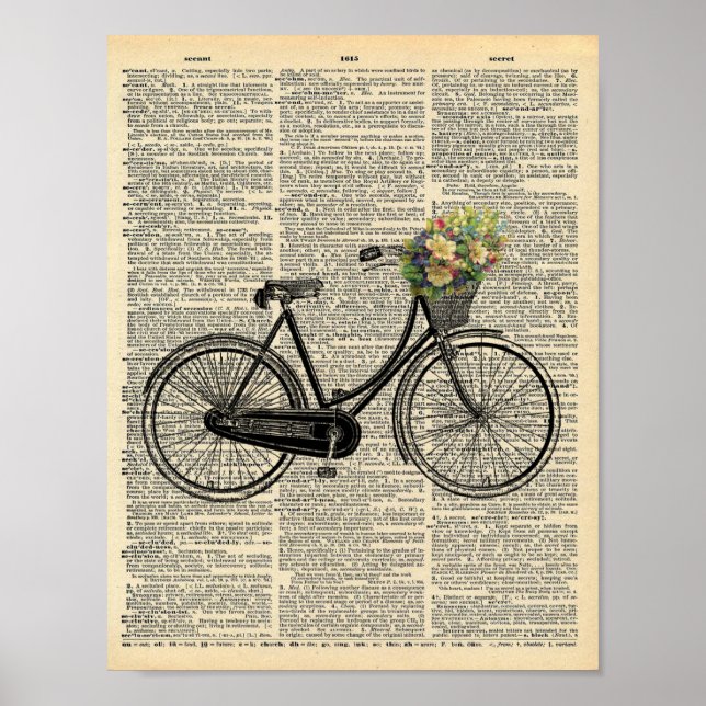 Vintage bicycle with flowers on vintage dictionary poster (Front)