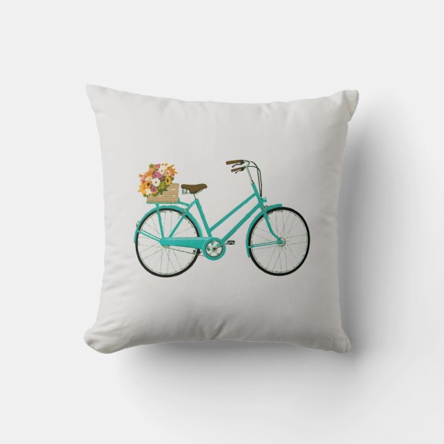 Vintage Bicycle with Flowers Turquoise Pillow (Front)