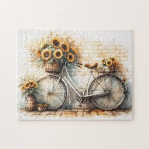 Vintage Bicycle with Watercolor Sunflowers Jigsaw Puzzle