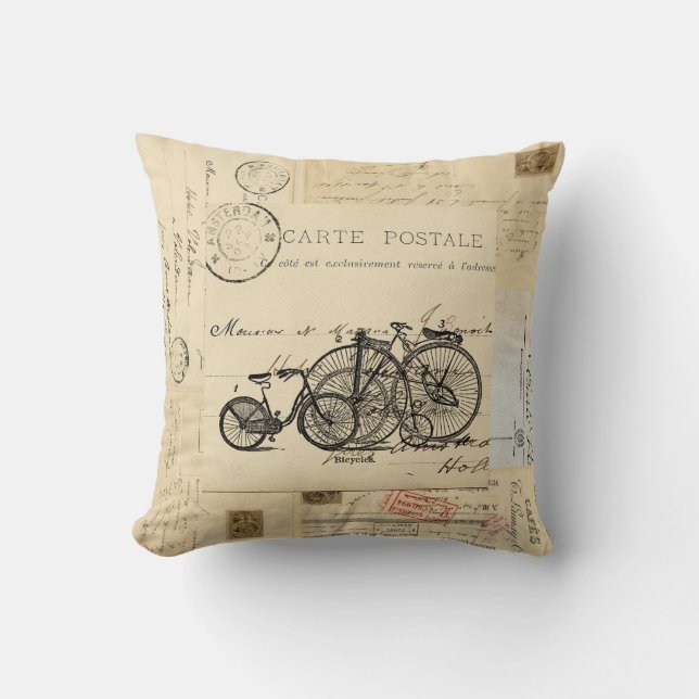 Vintage Bicycles French Postcard Pillow (Front)