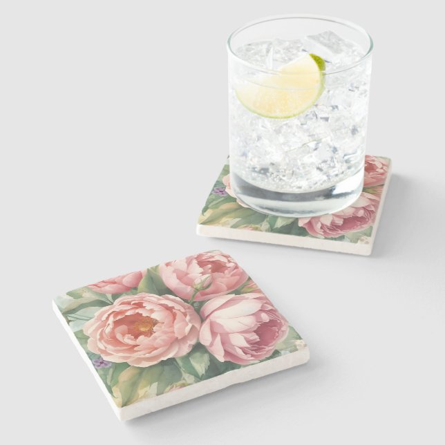 Vintage Big Pink Flowers Stone Coaster (Side)