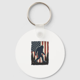 Vintage Bigfoot American Flag Forest Vector Design Keychain