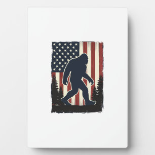 Vintage Bigfoot American Flag Forest Vector Design Plaque