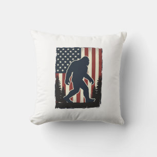 Vintage Bigfoot American Flag Forest Vector Design Throw Pillow