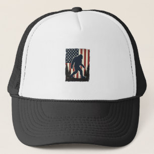 Vintage Bigfoot American Flag Forest Vector Design Trucker Hat