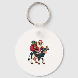 Vintage Bigfoot Santa Riding Cow Christmas Funny F Keychain