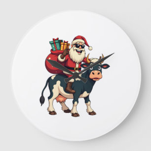 Vintage Bigfoot Santa Riding Cow Christmas Funny F Large Clock