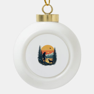 Vintage Bigfoot Walking Dog Mountain Sunset Retro Ceramic Ball Christmas Ornament