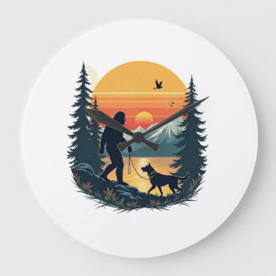 Vintage Bigfoot Walking Dog Mountain Sunset Retro Large Clock