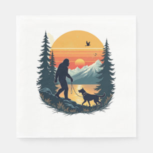 Vintage Bigfoot Walking Dog Mountain Sunset Retro Napkin