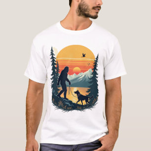 Vintage Bigfoot Walking Dog Mountain Sunset Retro  T-Shirt
