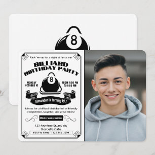 Vintage Billiard Birthday Party Pool Photo White Invitation