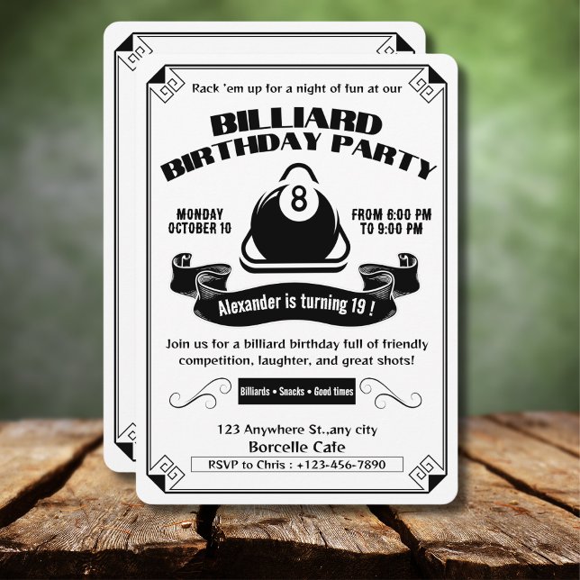 Vintage Billiard Birthday Party Pool Theme White Invitation (Creator Uploaded)