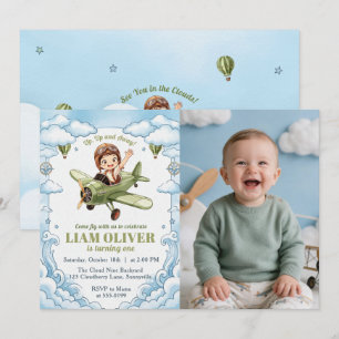 Vintage Biplane Airplane Boy 1st Birthday Up Away Invitation