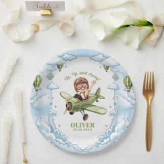 Vintage Biplane Airplane Boy 1st Birthday Up Away Paper Plate
