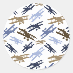 Vintage Biplane Airplane Pattern Blue Brown Classic Round Sticker