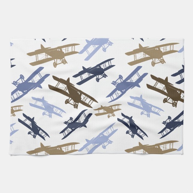 Vintage Biplane Airplane Pattern Blue Brown Kitchen Towel (Horizontal)