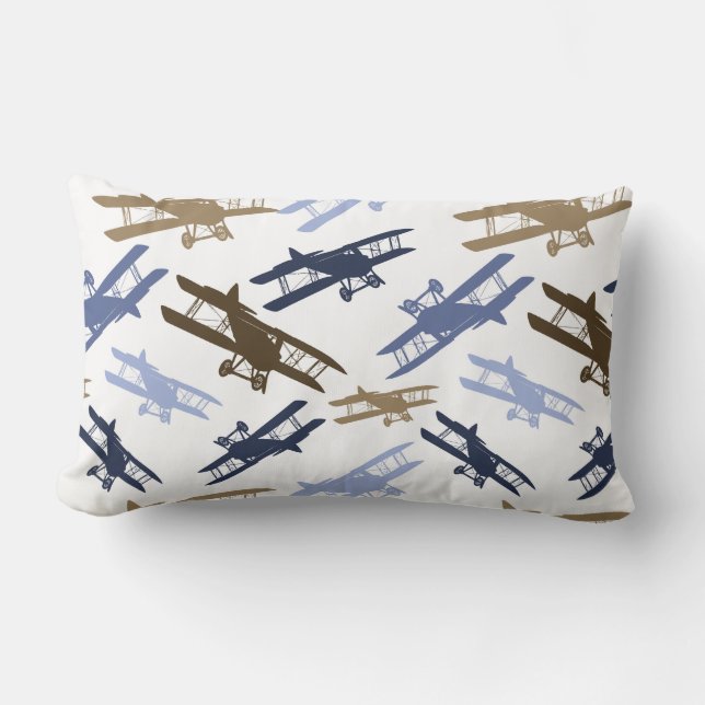 Vintage Biplane Airplane Pattern Blue Brown Lumbar Pillow (Front)