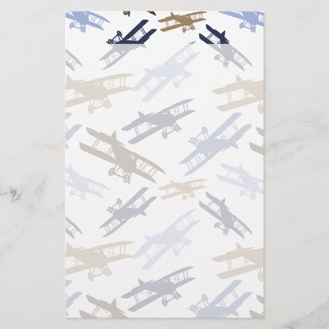Vintage Biplane Airplane Pattern Blue Brown Stationery (Front)