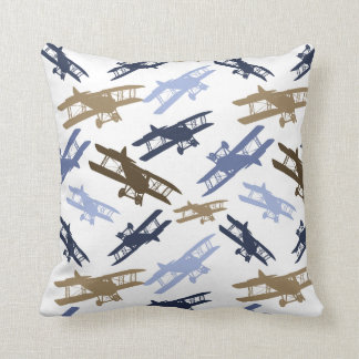 Vintage Biplane Airplane Pattern Blue Brown Throw Pillow