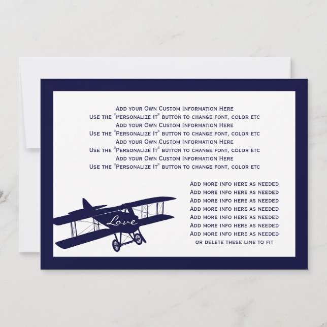 Vintage Biplane Aviator Blue Wedding Info Card (Front)