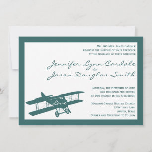 Vintage Biplane Aviator Blue Wedding Invitations
