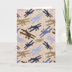 Vintage Biplane Burlap Print Airplane Pattern Card