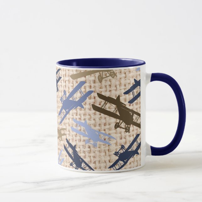 Vintage Biplane Burlap Print Airplane Pattern Mug (Right)