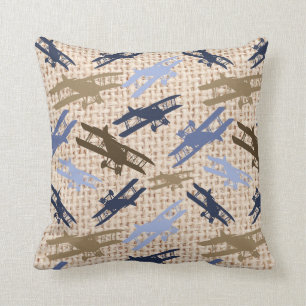 Vintage Biplane Burlap Print Airplane Pattern Throw Pillow