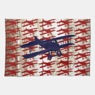 Vintage Biplane on Barn Wood Aviation Gifts Kitchen Towel